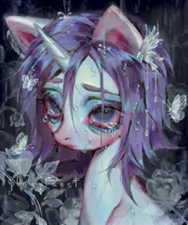 Size: 1702x2048 | Tagged: safe, artist:p0nyplanet, derpibooru import, rarity, butterfly, insect, pony, unicorn, abstract background, bags under eyes, bust, colored eyebrows, colored pinnae, crying, eye clipping through hair, eyebrows, eyelashes, eyeshadow, female, flower, g4, hair accessory, horn, image, jpeg, looking up, makeup, mare, rose, signature, solo, wet, wet mane, wet mane rarity