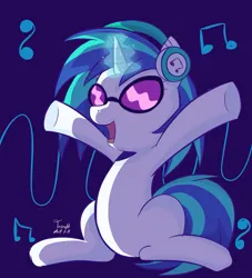 Size: 1417x1563 | Tagged: safe, artist:trash-art06, derpibooru import, vinyl scratch, pony, unicorn, blue background, female, g4, glasses, glow, glowing horn, headphones, hooves up, horn, image, jpeg, mare, music notes, open mouth, open smile, signature, simple background, sitting, smiling, solo, underhoof, vinyl's glasses