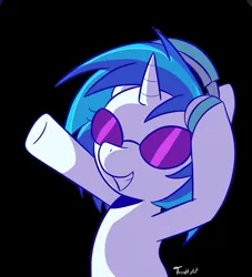 Size: 1417x1563 | Tagged: safe, artist:trash-art06, derpibooru import, vinyl scratch, pony, unicorn, black background, female, g4, glasses, half body, headphones, horn, image, jpeg, mare, pointing, signature, simple background, smiling, solo, underhoof, vinyl's glasses