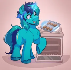Size: 2568x2504 | Tagged: safe, artist:witchtaunter, derpibooru import, pony, bandana, commission, cookie, cooking, food, happy, image, magic, male, oven, png, simple background, smiling, solo, stallion