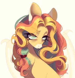 Size: 3624x3728 | Tagged: safe, artist:meggychocolatka, derpibooru import, earth pony, pony, bust, ears up, female, green eyes, green hair, green mane, hair tie, image, light green eyes, light yellow coat, mare, multicolored hair, multicolored mane, no iris, png, red hair, red mane, yellow body, yellow coat, yellow hair, yellow mane