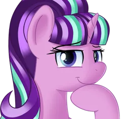 Size: 1024x961 | Tagged: artist needed, safe, starlight glimmer, pony, unicorn, ears up, female, hoof on chin, image, looking at you, mare, png, s5 starlight, shading, shiny eyes, simple background, smiling, smiling at you, smug, transparent background