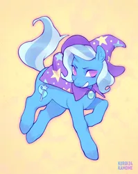 Size: 2060x2592 | Tagged: safe, artist:kuroikamome, derpibooru import, trixie, pony, unicorn, blue coat, cape, clothes, cutie mark, ear fluff, flying, g4, gem, hat, horn, image, looking at you, multicolored mane, multicolored tail, pink eyes, png, simple background, smiling, solo, stars, tail, trixie's cape, trixie's hat, watermark, wavy mane, wavy tail, white mane, white tail