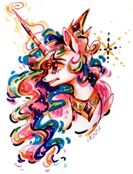 Size: 1489x1944 | Tagged: safe, artist:drizzledazzle, derpibooru import, princess celestia, alicorn, pony, bust, crown, ethereal mane, female, folded wings, g4, horn, image, jewelry, jpeg, magic, mare, peytral, regalia, signature, simple background, solo, white background, wings