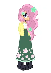 Size: 1640x2360 | Tagged: safe, derpibooru import, fluttershy, human, equestria girls, blue eyes, boots, choker, clothes, ear piercing, flower, flower in hair, g4, hair over one eye, humanized, image, long skirt, piercing, pink hair, png, redesign, shoes, short shirt, skirt, smiling, solo, sweater, tanktop