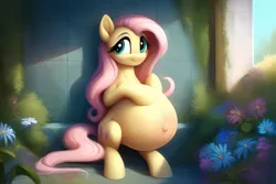 Size: 1920x1280 | Tagged: suggestive, ai content, derpibooru import, machine learning generated, prompter:cunningstuntda, fluttershy, pegasus, pony, belly, belly blush, belly button, big belly, female, image, mare, nature, outie belly button, png, preggoshy, pregnant, sitting, solo, solo female