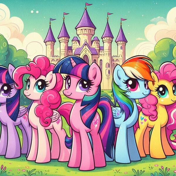 Size: 1024x1024 | Tagged: safe, ai content, artist:tom artista, derpibooru import, machine learning generated, pinkie pie, rainbow dash, twilight sparkle, earth pony, pegasus, pony, unicorn, artificial intelligence, castle, cloud, colored, female, flag, g4, horn, image, jpeg, pegasus pinkie pie, race swap, siblings, sky, tree, twins