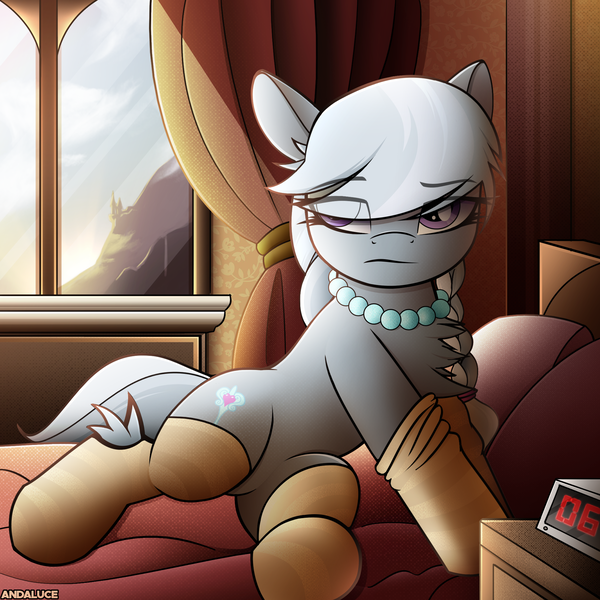 Size: 2000x2000 | Tagged: safe, artist:andaluce, derpibooru import, silver spoon, earth pony, pony, bed, bedroom, chest fluff, clothes, female, filly, fluffy, foal, g4, image, mare, png, socks, solo, sunrise, waking up