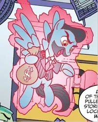 Size: 565x698 | Tagged: safe, artist:tonyfleecs, derpibooru import, idw, unnamed character, unnamed pony, pegasus, pony, from the shadows, spoiler:comic, spoiler:comic52, bag, cropped, g4, image, magic, male, money bag, official comic, png, stallion