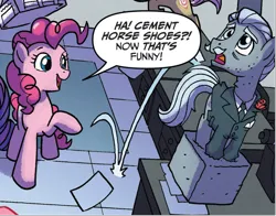 Size: 752x589 | Tagged: safe, artist:tonyfleecs, derpibooru import, idw, pinkie pie, unnamed character, unnamed pony, earth pony, pony, from the shadows, spoiler:comic, spoiler:comic52, cement, cropped, female, g4, image, magic, male, mare, official comic, png, stallion