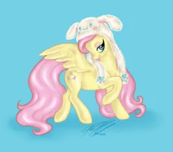 Size: 1024x903 | Tagged: safe, artist:moonfeather, derpibooru import, fluttershy, pegasus, pony, animal hat, blue background, commission, cute, eyeshadow, g4, hat, image, lidded eyes, makeup, png, raised hoof, shyabetes, simple background, solo, spread wings, wings