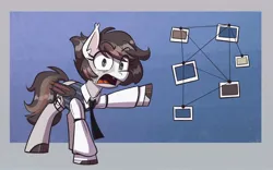 Size: 2048x1276 | Tagged: safe, artist:anontheanon, derpibooru import, oc, oc:news flash, bat pony, pony, clothes, conspiracy board, fangs, female, image, jpeg, mare, necktie, pointing, slit pupils