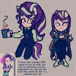 Size: 1000x1000 | Tagged: safe, artist:disaterror, derpibooru import, starlight glimmer, equestria girls, alternate clothes, alternate design, arm behind back, button-up shirt, clothes, coat, dress shirt, drink, female, front view, frown, g4, grammar error, gray background, holding, image, jpeg, looking at you, misspelling, mug, necktie, no catchlights, pants, pink skin, pony ears, ponytail, raised arms, raised eyebrows, redesign, shirt, shoes, simple background, slit pupils, smiling, smiling at you, sneakers, solo, standing, sweater vest, tail, text, texture, tied hair, two toned hair, two toned tail, vector