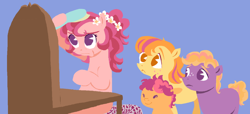 Size: 1350x617 | Tagged: safe, artist:universalheart, derpibooru import, little mac, oc, oc:baby bumblesweet, oc:butterscotch, oc:peach blossom, earth pony, pony, blue background, brush, flower, flower in hair, g4, group, hairbrush, image, offspring, parent:big macintosh, parent:sugar belle, parents:sugarmac, png, quartet, simple background