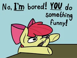 Size: 2048x1532 | Tagged: safe, artist:ewoudcponies, derpibooru import, apple bloom, earth pony, pony, blue background, cyan background, female, filly, foal, image, open mouth, png, simple background, solo, table, text