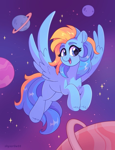 Size: 1630x2123 | Tagged: safe, artist:skysorbett, derpibooru import, oc, oc:nebula, unofficial characters only, pegasus, pony, cute, eyebrows, female, image, jpeg, looking at you, mare, open mouth, open smile, pegasus oc, planet, smiling, smiling at you, solo, space, spread wings, stars, wings