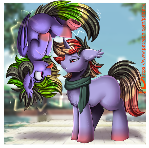 Size: 2407x2387 | Tagged: safe, artist:pridark, derpibooru import, oc, unofficial characters only, pegasus, pony, unicorn, :p, duo, horn, image, pegasus oc, png, siblings, tongue out, unicorn oc, upside down, wings