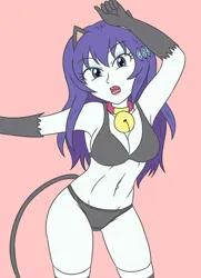 Size: 2066x2854 | Tagged: suggestive, artist:sumin6301, derpibooru import, rarity, cat, human, equestria girls, arm behind head, armpits, bell, bell collar, black bra, black panties, black underwear, bra, breasts, busty rarity, cat bell, cat ears, cat tail, clothes, collar, diamond hair pin, eyebrows, eyebrows visible through hair, female, g4, hairpin, high res, image, jpeg, normal, open mouth, panties, pink background, raricat, simple background, socks, solo, solo female, stupid sexy rarity, tail, teeth, thighs, tongue out, underwear, white socks