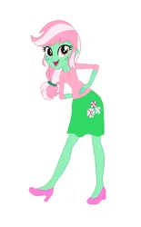 Size: 406x654 | Tagged: safe, artist:leahrow, artist:selenaede, derpibooru import, minty, human, equestria girls, g3, base used, clothes, cutie mark, cutie mark on clothes, equestria girls style, equestria girls-ified, freckles, g4, green skin, hand on hip, high heels, image, looking at you, open mouth, open smile, pink eyes, pink hair, png, recolor, shoes, simple background, smiling, solo, white background