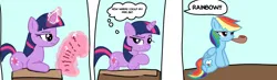 Size: 1200x349 | Tagged: safe, artist:trixxiefloof, derpibooru import, rainbow dash, twilight sparkle, pegasus, pony, unicorn, 3 panel comic, comic, derpibooru exclusive, dialogue, female, g4, garfield, horn, image, mare, photo, pipe, png, thought bubble, unicorn twilight