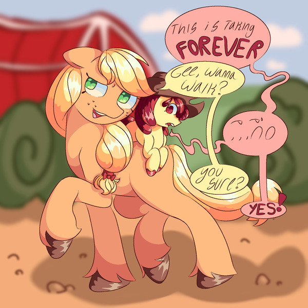 Size: 2048x2048 | Tagged: safe, artist:realsoapsoup, derpibooru import, apple bloom, applejack, earth pony, pony, adorabloom, apple sisters, bush, cute, farm, female, filly, foal, hooves, image, jackabetes, jpeg, mare, ponies riding ponies, riding, riding a pony, siblings, sisters, speech bubble, unshorn fetlocks