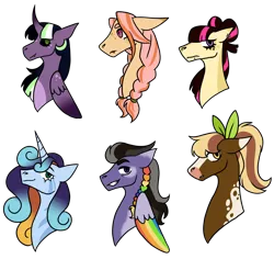 Size: 1940x1832 | Tagged: safe, artist:penultimate-wishes, derpibooru import, oc, oc:chocolate raspberry crumble, oc:clover chorus, oc:magnolia bloom, oc:prismatic, oc:rusty horseshoe, oc:seaside glitter, unofficial characters only, alicorn, earth pony, pegasus, pony, unicorn, alicorn oc, alternate design, black sclera, bust, ear piercing, earring, earth pony oc, fangs, female, freckles, grin, horn, image, jewelry, lip piercing, looking at you, magical lesbian spawn, male, mare, next generation, offspring, parent:applejack, parent:big macintosh, parent:cheese sandwich, parent:fluttershy, parent:king sombra, parent:orchard blossom, parent:pinkie pie, parent:quibble pants, parent:rainbow dash, parent:rarity, parent:sassy saddles, parent:trouble shoes, parent:troubleshoes clyde, parent:twilight sparkle, parents:cheesepie, parents:fluttermac, parents:quibbledash, parents:rarisaddles, parents:troublejack, parents:twibra, pegasus oc, piercing, png, ribbon, smiling, stallion, twitterina design, unicorn oc, wings