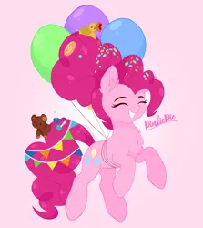 Size: 3384x3796 | Tagged: safe, artist:emyart18, derpibooru import, pinkie pie, earth pony, pony, the last problem, bags under eyes, balloon, candy, chest fluff, confetti, cute, eyes closed, female, food, g4, grin, image, jpeg, lollipop, mare, older, older pinkie pie, pink background, plushie, rubber duck, simple background, smiling, solo, teddy bear