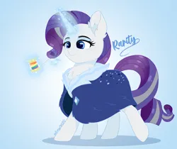 Size: 2628x2211 | Tagged: safe, artist:emyart18, derpibooru import, rarity, pony, unicorn, the last problem, bags under eyes, blue background, chest fluff, cloak, clothes, cute, female, g4, horn, image, jpeg, magic, mare, older, older rarity, rainbow thread, simple background, smiling, solo, spool, telekinesis