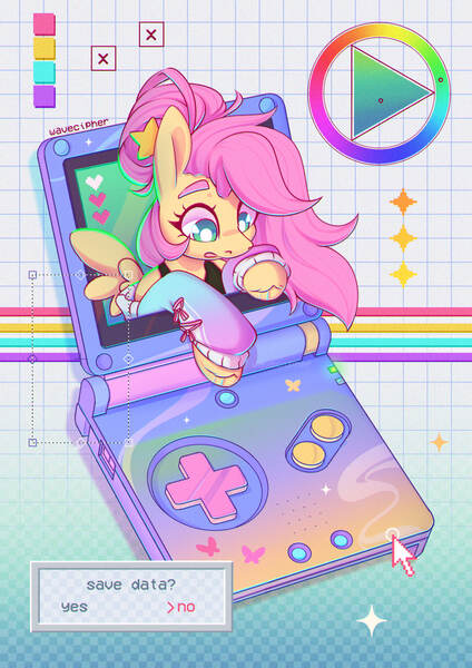 Size: 2480x3508 | Tagged: safe, artist:musicfirewind, derpibooru import, fluttershy, pegasus, pony, abstract background, breaking the fourth wall, console, cute, female, g4, game console, image, jpeg, oh no, shyabetes, solo, sparkles