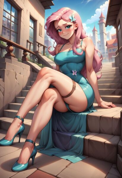 Size: 832x1216 | Tagged: questionable, ai content, machine learning generated, prompter:thewhitecrow69, fluttershy, anthro, human, blushing, clothes, dress, female, g4, image, jpeg, looking at you, smiling, smiling at you, solo, solo female, underwear