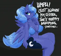 Size: 3000x2758 | Tagged: suggestive, artist:flutterthrash, derpibooru import, princess luna, alicorn, anthro, big breasts, bikini, bikini top, bottomless, breasts, busty princess luna, clothes, dialogue, female, frown, high res, image, implied princess celestia, jpeg, lidded eyes, partial nudity, s1 luna, sitting, solo, solo female, swimsuit, talking to viewer, thighs, thunder thighs, wide hips