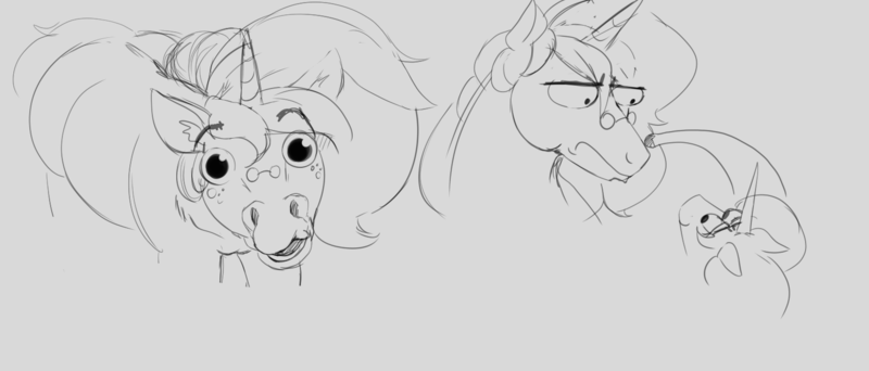 Size: 1562x667 | Tagged: safe, artist:thelunarmoon, derpibooru import, oc, oc:lunar moon, unofficial characters only, alicorn, horse, pony, unicorn, bust, duo, duo male, frown, grayscale, horn, image, looking at each other, looking at someone, male, monochrome, png, sketch, stallion