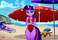 Size: 1216x832 | Tagged: safe, ai content, machine learning generated, stable diffusion, twilight sparkle, alicorn, anthro, baywatch, beach, busty twilight sparkle, crossed arms, first aid kit, image, jpeg, lawn chair, one-piece swimsuit, rock cliff, seductive pose, sexy, smiling, solo, standing, sunbathing, table, umbrella