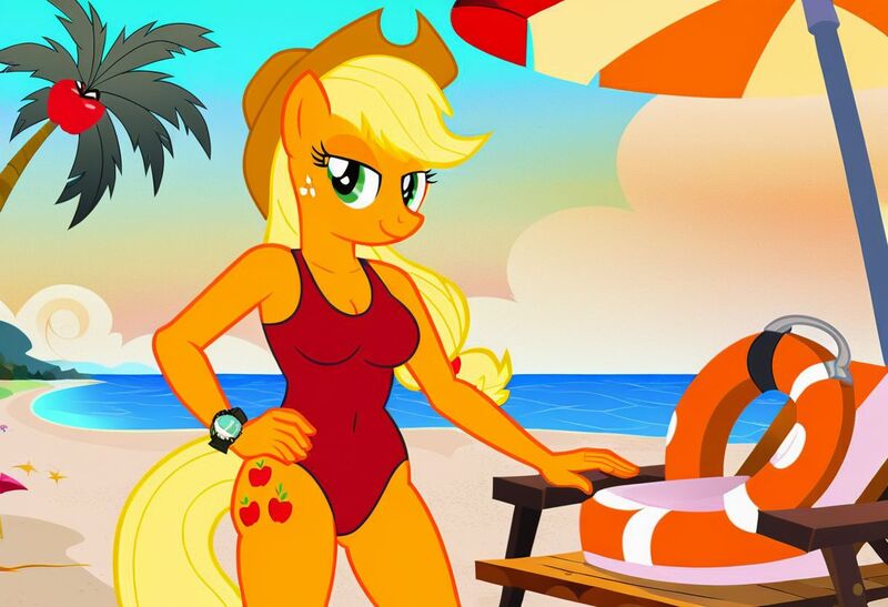 Size: 1216x832 | Tagged: safe, ai content, artist:nickeltempest, machine learning generated, stable diffusion, applejack, anthro, earth pony, baywatch, beach, buoy, busty applejack, chair, hand on hip, image, jpeg, one-piece swimsuit, palm tree, seductive pose, sexy, smiling, solo, standing, sunbathing, umbrella