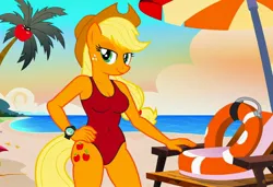 Size: 1216x832 | Tagged: safe, ai content, machine learning generated, stable diffusion, applejack, anthro, earth pony, baywatch, beach, buoy, busty applejack, chair, hand on hip, image, jpeg, one-piece swimsuit, palm tree, seductive pose, sexy, smiling, solo, standing, sunbathing, umbrella