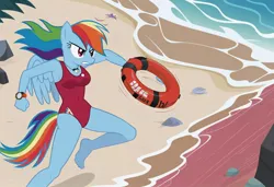 Size: 1216x832 | Tagged: safe, ai content, machine learning generated, stable diffusion, rainbow dash, anthro, pegasus, baywatch, beach, buoy, busty rainbow dash, determined look, image, jpeg, one-piece swimsuit, running, seductive look, sexy, solo, sunbathing, swimsuit