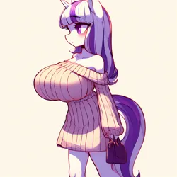 Size: 1024x1024 | Tagged: safe, ai content, derpibooru import, machine learning generated, oc, unofficial characters only, anthro, unicorn, adorasexy, bare shoulders, big breasts, breasts, busty oc, clothes, cute, female, horn, huge breasts, image, png, prompter:horselover fat, pullover, purse, sexy, short, shortstack, shoulderless, side view, sideboob, simple background, solo, unicorn oc, walking, white background