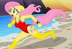 Size: 1216x832 | Tagged: safe, ai content, machine learning generated, stable diffusion, fluttershy, anthro, pegasus, baywatch, beach, busty fluttershy, image, jpeg, one-piece swimsuit, rock cliff, running, seductive pose, sexy, solo, swimsuit, tan lines, worried