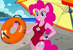 Size: 1216x832 | Tagged: safe, ai content, machine learning generated, stable diffusion, pinkie pie, anthro, earth pony, baywatch, beach, buoy, busty pinkie pie, flirty, hand on hip, image, inviting, jpeg, one-piece swimsuit, seductive pose, sexy, smiling, solo, standing, swimsuit, umbrella