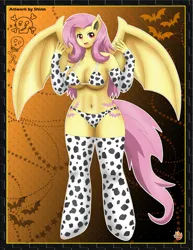 Size: 616x800 | Tagged: suggestive, artist:shinn3, derpibooru import, fluttershy, anthro, bat pony, unguligrade anthro, bat ponified, bat wings, belly button, bikini, breasts, busty fluttershy, clothes, cowkini, cowprint, digital art, evening gloves, female, flutterbat, gloves, image, long gloves, png, race swap, socks, stockings, string bikini, swimsuit, tail, thigh highs, thighs, wide hips, wings