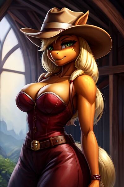 Size: 512x768 | Tagged: safe, ai content, machine learning generated, prompter:knipslip, applejack, anthro, bra, breasts, clothes, female, g4, hat, image, jpeg, looking at you, solo, solo female, underwear