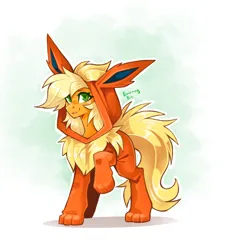 Size: 1836x2032 | Tagged: safe, artist:buvanybu, derpibooru import, part of a set, applejack, earth pony, flareon, pony, clothes, costume, female, g4, image, looking at you, mare, png, pokémon, smiling, solo