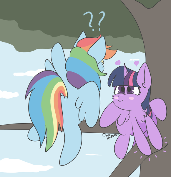 Size: 3366x3478 | Tagged: safe, artist:tkshoelace, derpibooru import, rainbow dash, twilight sparkle, twilight sparkle (alicorn), alicorn, pegasus, pony, chest fluff, duo, duo female, female, g4, image, lesbian, png, question mark, shipping, tree, twidash