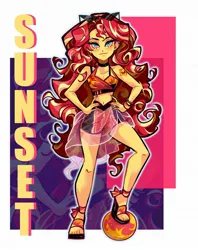 Size: 1622x2048 | Tagged: safe, artist:libbly_libby, derpibooru import, sunset shimmer, human, equestria girls, 2d, clothes, collar, commission, female, g4, hand on hip, high heels, image, jpeg, legs, looking at you, shoes, shorts, smiling, smiling at you, solo, sunglasses, toes, wrist cuffs, wristband