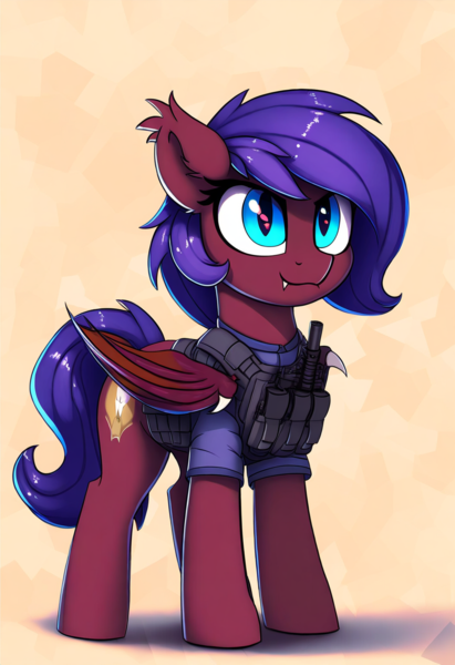 Size: 832x1216 | Tagged: safe, ai content, derpibooru import, machine learning generated, novelai, stable diffusion, oc, unofficial characters only, bat pony, pony, bat pony oc, bat wings, clothes, ear tufts, fangs, image, png, prompter:flitter4935, tactical vest, wings