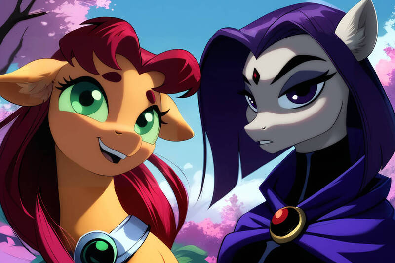 Size: 1095x730 | Tagged: safe, ai content, artist:cunningstuntda, derpibooru import, ponified, pony, cherry blossoms, crossover, dc comics, flower, flower blossom, image, jpeg, open mouth, raven (dc comics), starfire, teen titans