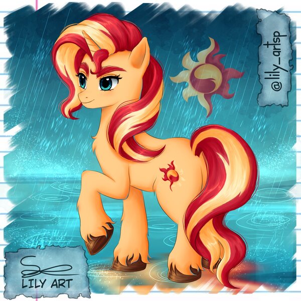 Size: 1580x1580 | Tagged: safe, artist:liliart1211, derpibooru import, sunset shimmer, pony, unicorn, bacon, digital art, digital painting, fanart, food, g4, horn, image, jpeg, magic, meat, painting, rain, sunset, water