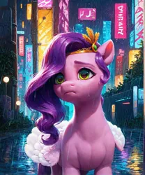 Size: 1000x1200 | Tagged: prompter needed, source needed, safe, ai content, derpibooru import, machine learning generated, pipp petals, pegasus, pony, g5, crown, crying, female, image, jewelry, jpeg, rain, regalia, sad, solo