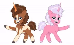 Size: 640x395 | Tagged: safe, artist:jazzhooves, derpibooru import, earth pony, pony, unicorn, g5, my little pony: tell your tale, spoiler:g5, spoiler:my little pony: tell your tale, blaze (coat marking), carrot, carrot horn, coat markings, duo, duo female, facial markings, fake horn, female, food, horn, image, jpeg, open mouth, open smile, pinto, raised hoof, self paradox, self ponidox, simple background, smiling, style emulation, thelma (thelma the unicorn), thelma the unicorn, white background