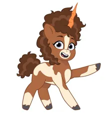 Size: 640x725 | Tagged: safe, artist:jazzhooves, derpibooru import, earth pony, pony, g5, my little pony: tell your tale, blaze (coat marking), carrot, carrot horn, coat markings, facial markings, fake horn, female, food, image, jpeg, open mouth, open smile, pinto, raised hoof, simple background, smiling, solo, style emulation, thelma (thelma the unicorn), thelma the unicorn, white background